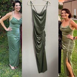 Elegant Sage Green Ruched Velvet Cowl neck Maxi Dress
